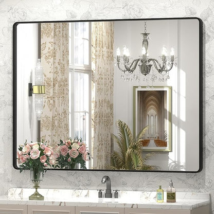 44x36 Inch Black Metal Framed Bathrrom Mirror for Wall | Black Matte Bathroom Vanity Mirror, Rounded Rectangle, Anti-Rust, Tempered Glass, Hangs Horizontally or Vertically