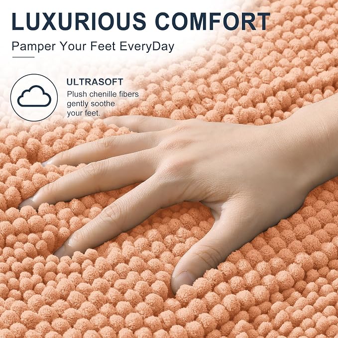 Smiry Thick Small Chenille Bathroom Rugs 24x16, Absorbent Bath Mat, Peach | Quick‑Dry & Machine Washable, Non‑Slip Bath Carpet, Soft Striped Bath Rugs for Tub & Shower, Modern Home Decor Accessories