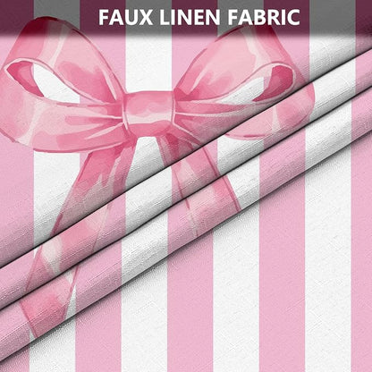 Tititex Cute Candy Cane Striped Pink Bow 140gsm Faux Linen Fabric Shower Curtain, Elegant Classic Shower Curtain Sets Decoration 72x72 Inch with Hooks