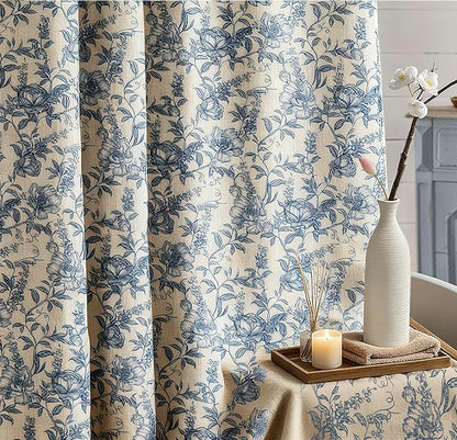 Farmhouse Blue Floral Shower Curtain with 12 Clear Rings 72"W x 72"L | Boho Fabric Faux Linen Shower Curtain Set, Vintage Cottagecore Shower Curtain for Bathroom