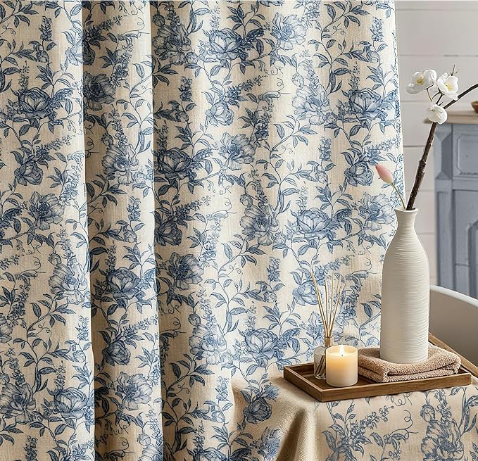 Farmhouse Blue Floral Shower Curtain with 12 Clear Rings 72"W x 84"L | Boho Fabric Faux Linen Shower Curtain Set, Vintage Cottagecore Shower Curtain for Bathroom