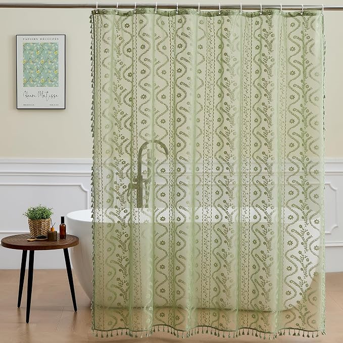WAZZIO Sage Green Lace Shower Curtain - Vintage Pretty Floral Sheer Shower Curtains, Elegant Decorative Tassel Bath Curtains for Bathroom, 72 x 84 Inch, 1 Piece