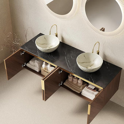 60" Double Sink Bathroom Vanity with Sink Combo, Floating Vanity with Vessel Sink, Wall-Mounted Plywood Bathroom Vanity Storage Cabinet with 4 Doors & 2 Bowl Basin, Brown Oak