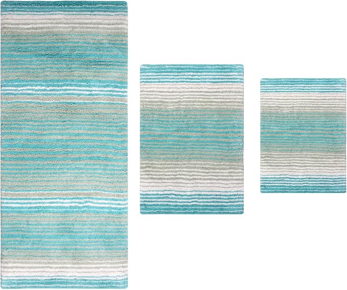 Home Weavers 100% Cotton Gradiation Collection Bathroom Décor, Washable Rug, Bathroom Mat, Kitchen Mat, Bathroom Rug Set, Bath Mat Set, Bath Floor Mat Non Slip, 3 Piece Set with Runner, Turquoise