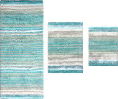 Home Weavers 100% Cotton Gradiation Collection Bathroom Décor, Washable Rug, Bathroom Mat, Kitchen Mat, Bathroom Rug Set, Bath Mat Set, Bath Floor Mat Non Slip, 3 Piece Set with Runner, Turquoise