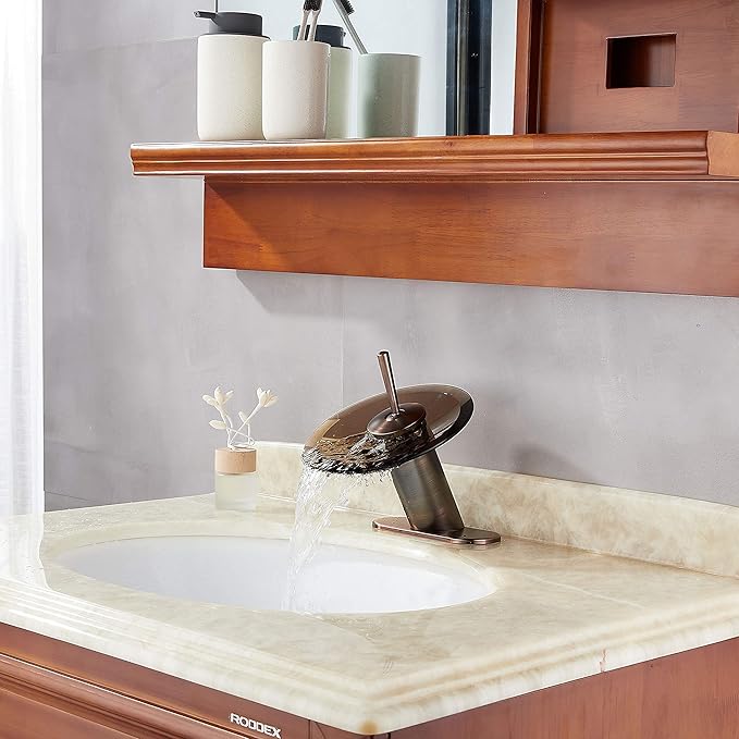 Waterfall Bathroom Sink Faucet Unique Brass Modern Circle Glass Waterfall Faucet for Basin Vanity Single Hole Pedestal Sink Faucets One Handle Corner Sink Bathroom Faucet, Oil Rubbed Bronze