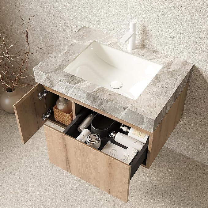 Ambrovina 30" Floating Bathroom Vanity with Sink, Modern Plywood Bathroom Storage Cabinet with Drawer and Door, Gray Sintered Stone Countertop and White Ceramic Basin, Pre-Assembled, Light Oak