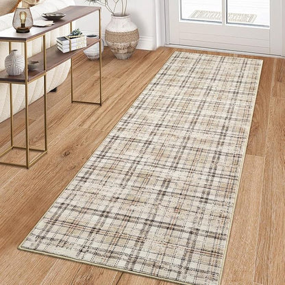 Washable Modern Tartan Plaid Non Slip Kitchen & Bedroom 2'x6' Beige Stain Resistant Throw Rug