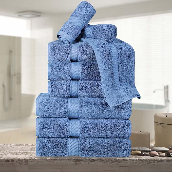 Superior Egyptian Cotton 800 GSM Plush & Absorbent, 9 Piece Set, Denim Blue | Quick Dry, Soft Luxury Towel Set, Bath Essentials, Guest Bath, Spa, 3 Bath, 3 Hand, 3 Face Towel, Madeline Towels
