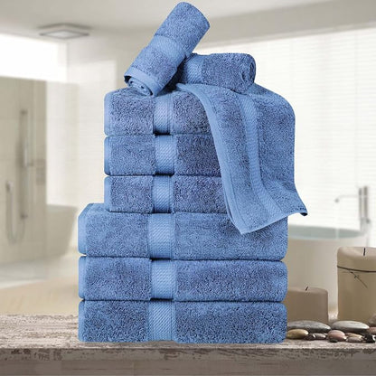 Superior Egyptian Cotton 800 GSM Plush & Absorbent, 9 Piece Set, Denim Blue | Quick Dry, Soft Luxury Towel Set, Bath Essentials, Guest Bath, Spa, 3 Bath, 3 Hand, 3 Face Towel, Madeline Towels