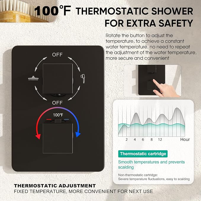 Esnbia Thermostatic Black Shower System, All Metal Shower Faucet Set with 10 Inches Rain Shower Head, Rainfall Shower Heads with Handheld Spray Combo，Anti-Scald Shower Combo Set, Matte Black