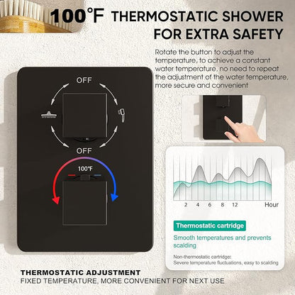 Esnbia Thermostatic Black Shower System, All Metal Shower Faucet Set with 10 Inches Rain Shower Head, Rainfall Shower Heads with Handheld Spray Combo，Anti-Scald Shower Combo Set, Matte Black