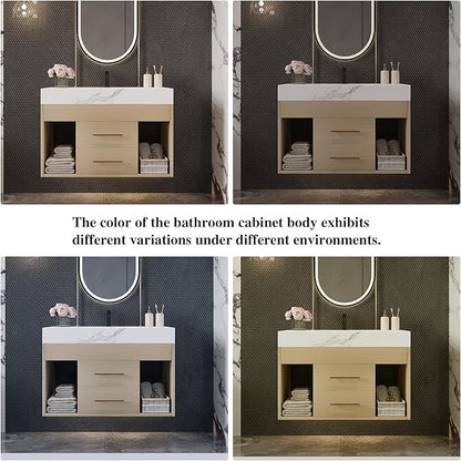 30 inch Modern Floating Bathroom Vanity with Sink, Wall Mounted Bathroom Cabinet with Undermount Ceramic Sink, Sintered Stone Countertop, 2 Soft Closing Drawers & Open Storage Shelf, Natural