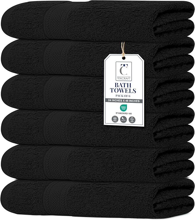 Medium Size Bath Towels Set of 6 – 100% Cotton Terry – 24" x 48" – Quick Dry, Soft & Highly Absorbent – Black Towels for Bathroom, Gym, Spa, Pool & Daily Use