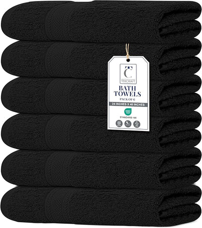 Medium Size Bath Towels Set of 6 – 100% Cotton Terry – 24" x 48" – Quick Dry, Soft & Highly Absorbent – Black Towels for Bathroom, Gym, Spa, Pool & Daily Use