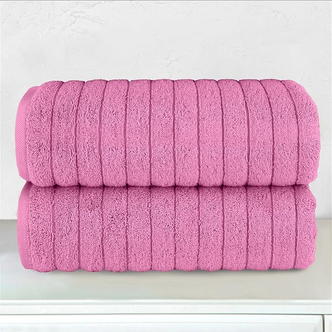 Elegant Comfort 100% Turkish Cotton Corduroy Ribbed Luxury Soft 2 Pack Bath Towels 27 x 54 Inch - Ultra Plush, Absorbent, Quick Dry, Hotel Spa Quality Towels for Bathroom Essentials, Light Pink