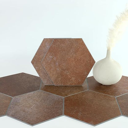 W&S 24-Sheets Hexagon Peel and Stick Floor Tile, Red Brown Peel and Stick Backsplash Tile for Wall, Self Adhesive Faux Stone Flooring DIY for Kitchen, Living Room, RV, Bathroom