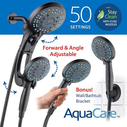 AquaCare 50-mode High Pressure Shower Head Combo with Arm & Dual Power Wash | Hygienic Jets, 2-mode Handheld Power Wash for Tub, Tile & Pets, Long 6 ft. Stainless Steel Hose, Extra Wall Bracket / Bronze