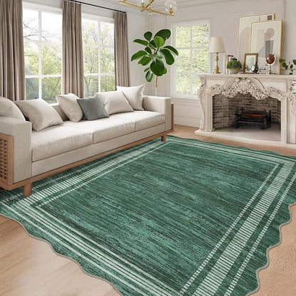 GarveeHome Washable Scalloped Rug 9x12 Area Rugs, Modern Neutral Living Room Rugs, Large Washable Solid Rug Farmhouse Bordered Carpet for Bedroom Apartment Table Dorm Nursery, Green