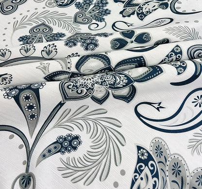 Serafina Home Hotel Quality Navy Gray Grey Fabric Bathroom Shower Curtain: Paisley Floral Leaf Damask Design on White (72 x 70 inches)