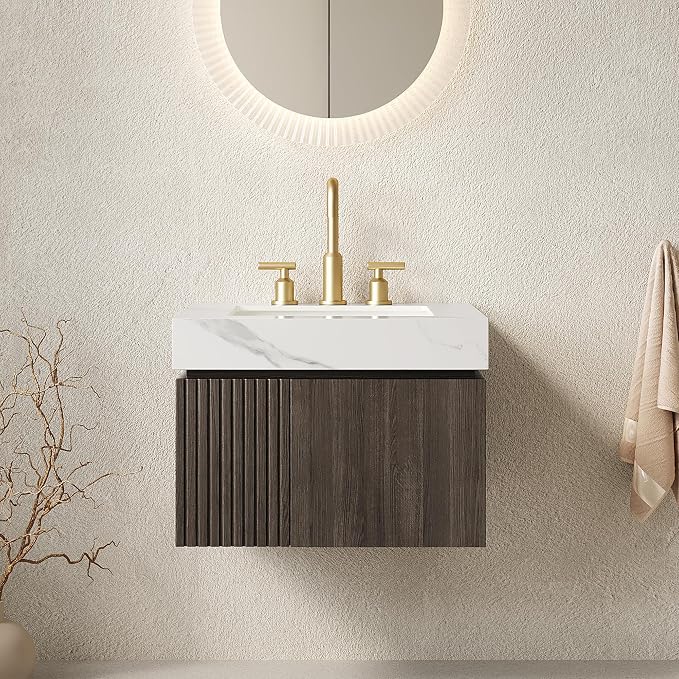 KEIKI 24 Inch Floating Bathroom Vanity with Sink, Espresso & White | Modern Wall Mounted Storage Cabinet with 2 Doors, Pre-assembled Wood Panels, Sintered Stone Top & Ceramic Basin Combo Set