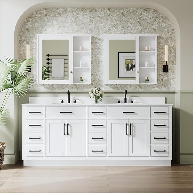 84-Inch Bathroom Vanity with Double Sinks W/ 4 Doors & 12 Drawers & 2 Flip Drawers, White Vanity W/Matte Black Handles