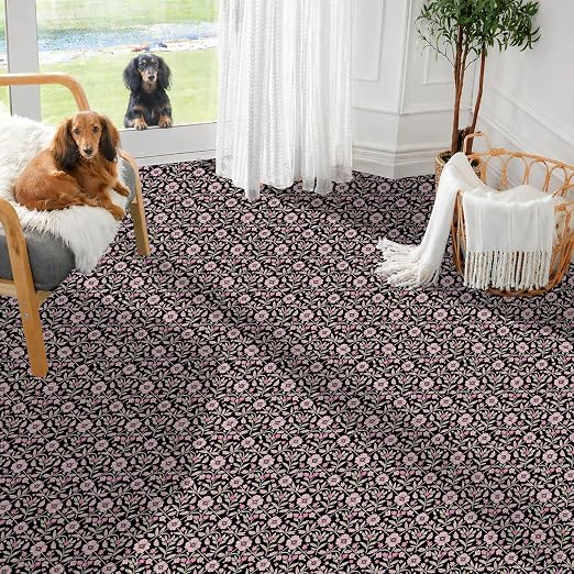 Black Pink Floral Peel and Stick Floor Tiles 12x12 Inch 10PCS | Pink floral vine pattern on a black background vinyl floor stickers for kitchen bathroom entryway and indoor home decor