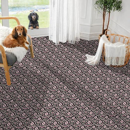 Black Pink Floral Peel and Stick Floor Tiles 12x12 Inch 10PCS | Pink floral vine pattern on a black background vinyl floor stickers for kitchen bathroom entryway and indoor home decor