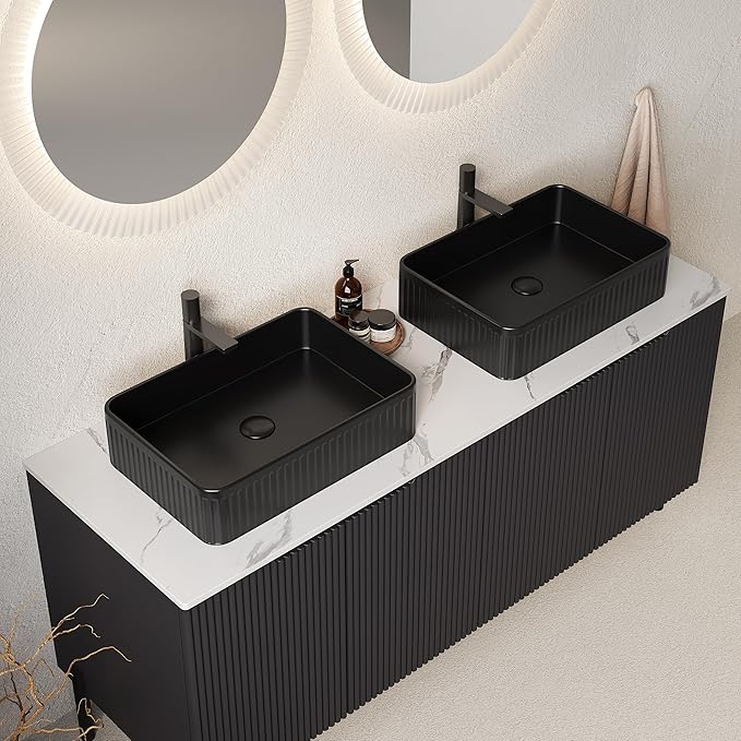 Ambrovina 60" Bathroom Vanity with Double Sink, Freestanding Bathroom Storage Cabinet with 4 Soft-Closing Doors, Rectangular Ceramic Basin and Carrara White Sintered Stone Countertop, Gloss Black