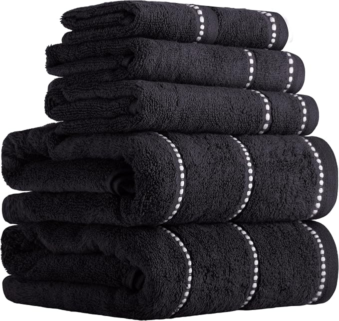 Lavish Home 6 Piece Bathroom Towels Set - 525GSM 100% Cotton Bathroom Essentials - 2 Bath Sheets, 2 Hand Towels, and 2 Wash Cloths for Bath, Shower, Gym, Spa, and Dorm Room (Black)