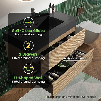 36 Inch Floating Bathroom Vanity with Black Sink, Modern Wall Mounted Floating Vanity with 2 Soft-Closing Drawers, Large Storage for Apartment, Hotel, Rough Oak