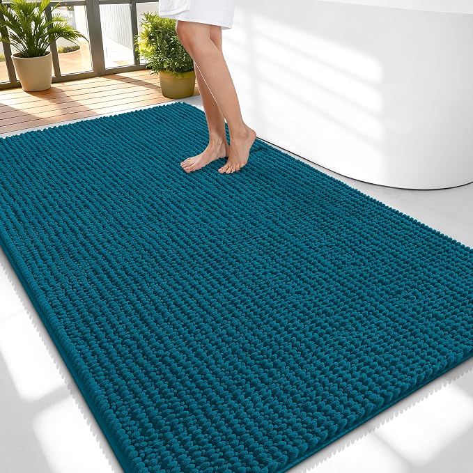 OLANLY Thick Chenille Large Bathroom Rugs Mats 59x35, Peacock Blue | Soft Absorbent Bath Rugs, Rubber Backing, Machine Wash Dry, Bath Mats for Bathroom, Tub and Shower, Home Decor Accessories