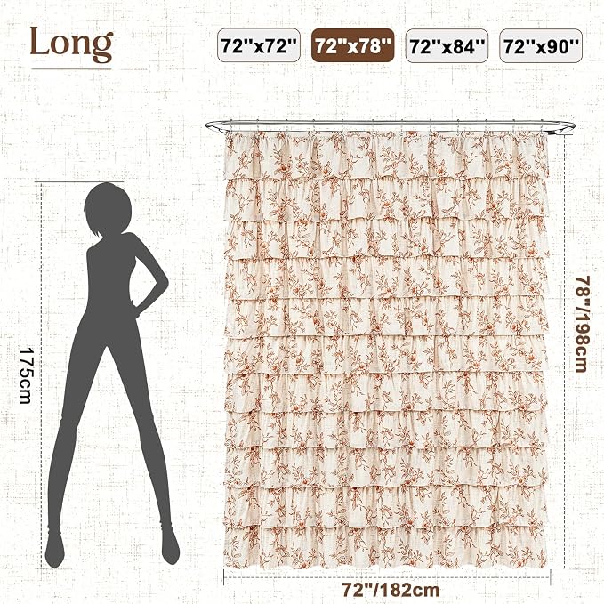 Yinhua Long Fall Ruffle Shower Curtains for Bathroom with Floral, 72"Wx78"L | Orange Floral Print, Ruflle Design, 12 Metal Hooks, Vintage Rustic Washable Waterproof Shower Curtain for Bathroom Bathtub