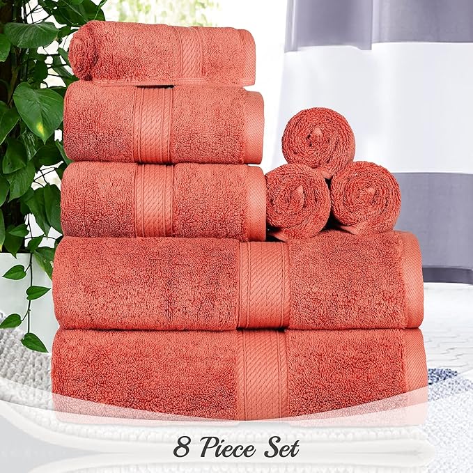 SUPERIOR Egyptian Cotton Ultra Plush & Absorbent, 8 Piece Set, Coral | Quick Dry, Soft Luxury Towel Set, Bath Essentials, Guest Bath, Spa, 2 Bath, 2 Hand, 4 Face Towels, Madeline Towels