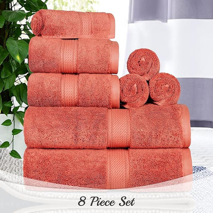 SUPERIOR Egyptian Cotton Ultra Plush & Absorbent, 8 Piece Set, Coral | Quick Dry, Soft Luxury Towel Set, Bath Essentials, Guest Bath, Spa, 2 Bath, 2 Hand, 4 Face Towels, Madeline Towels