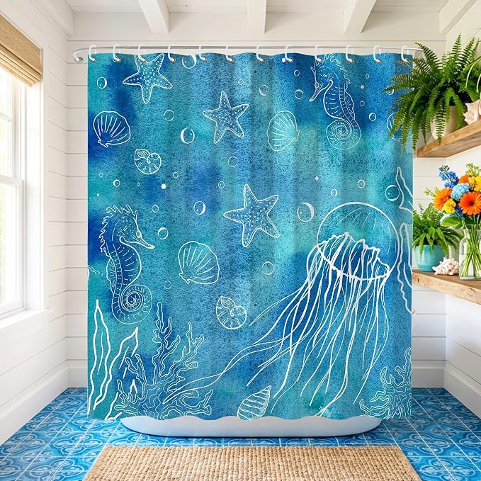 Blue Coastal Seashell Starfish Seahorse Shower Curtain Set 72x72 Inches | Seashell Starfish Seahorse Coastal Print, Coastal Beach Home Guest Housewarming Ocean Lover Bath Decor, With Fabric Hooks