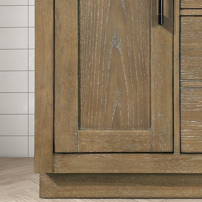 OVE Decors Bailey 42 in. Single Sink Freestanding Driftwood Oak Bathroom Vanity with White Quartz Top, Matching Backsplash and Power Bar