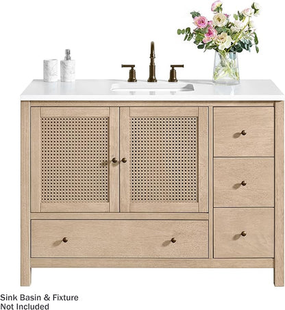 Alaterre Furniture Lucca Bathroom Vanity - Freestanding Cabinet Without Sink - 48 Inch Wood Bathroom Vanity with Large Bottom Drawer, 3 Small Drawers, and Soft-Close Doors (Natural)