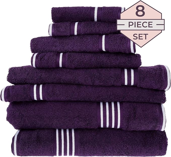 Lavish Home Rio 100% Cotton Towel Set - Eggplant, Medium, 8 Piece | Includes 2 Bath Sheets, 2 Hand Towels, 2 Wash Cloths, 2 Fingertip Sheets, Soft 575 GSM Cotton Set for Shower, Gym, Dorm, Spa