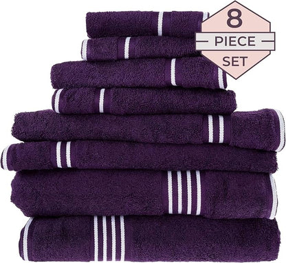 Lavish Home Rio 100% Cotton Towel Set - Eggplant, Medium, 8 Piece | Includes 2 Bath Sheets, 2 Hand Towels, 2 Wash Cloths, 2 Fingertip Sheets, Soft 575 GSM Cotton Set for Shower, Gym, Dorm, Spa