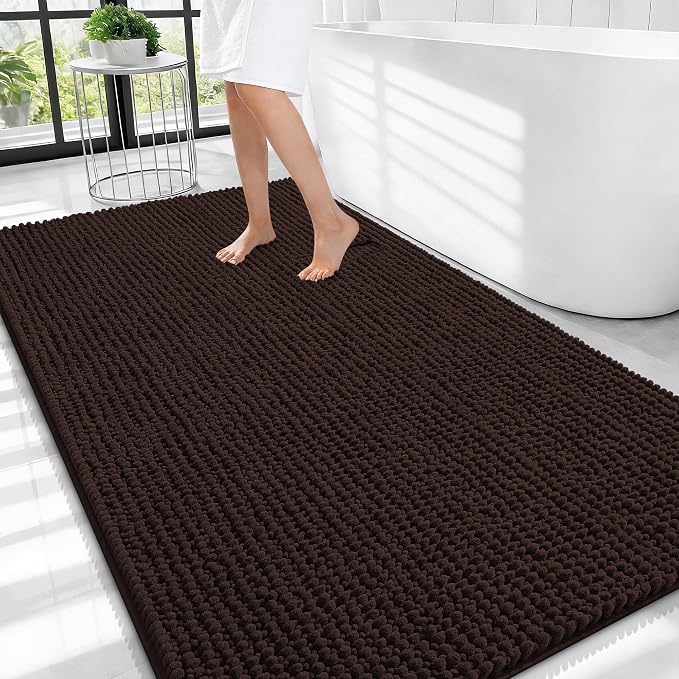 OLANLY Thick Chenille Large Bathroom Rugs 44x32, Absorbent Bath Mat, Brown | Soft Bath Rugs, Rubber Backing, Machine Wash Dry, Bath Mats for Bathroom, Tub and Shower, Home Decor Accessories