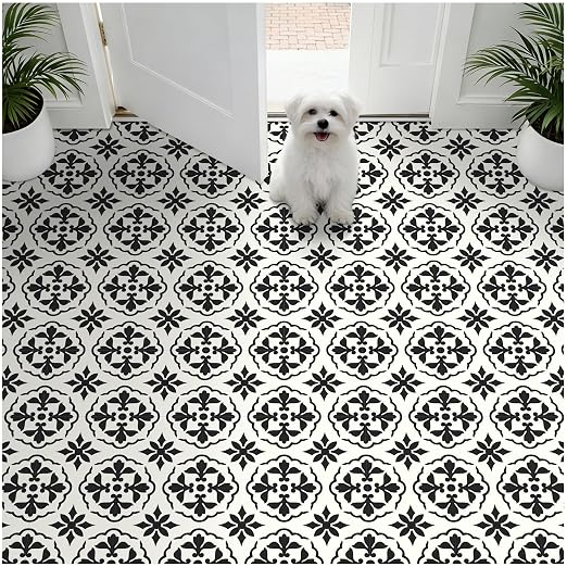 MORCART 40PCS 7.87" x 7.87" Peel and Stick Floor Tile, Black Retro Design | Self-Adhesive DIY Vinyl Flooring, Removable and Waterproof Tile Sticker for Bathroom, Kitchen, Wall, Bedroom, Stairs