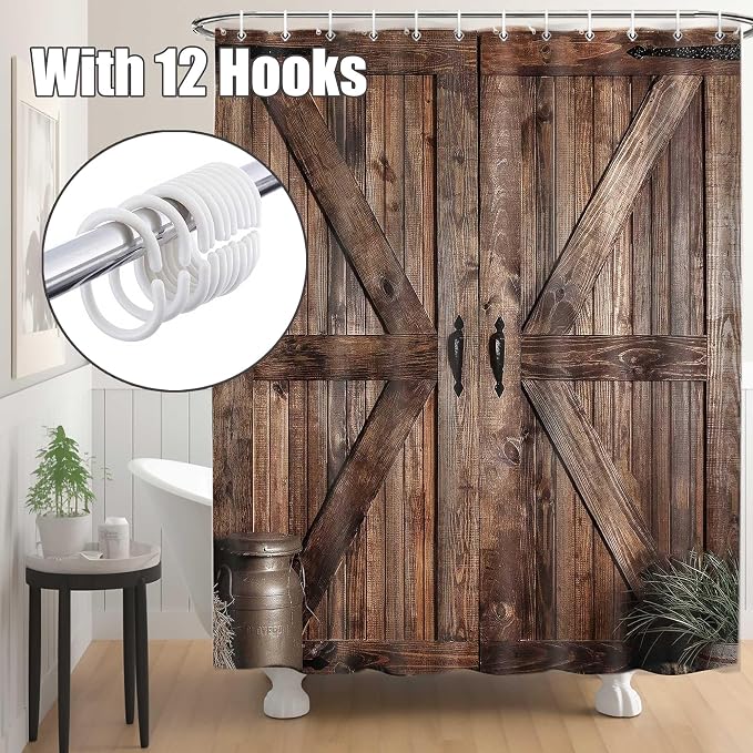 Rustic Barn Door Shower Curtain Set for Bathroom, Farmhouse Western Bathroom Decor Curtains, Vintage Countryside Brown Wood Board Waterproof Fabric Bath Curtains with Hooks 70 x72 inch