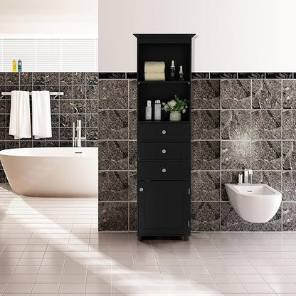 Basicwise Freestanding Storage Cabinet with Shelves Drawers & Door Linen Tower Organizer for Towels Toiletries and Essentials Floor Standing Cupboard for Bathroom Bedroom or Laundry Room, Black