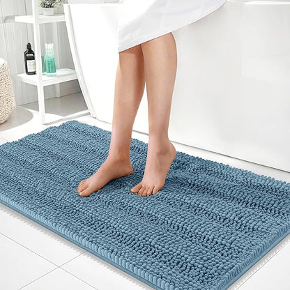 OLANLY Thick Bathroom Runner Rugs 44x24, Soft Chenille Bath Rugs, Airy Blue | Absorbent Striped, Rubber Backing, Machine Wash, Long Bath Mats for Bathroom Floor, Tub and Shower, Home Decor Accessories