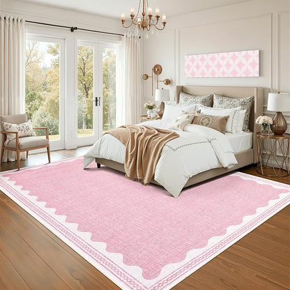 Garvee Modern Bordered Rugs for Living Room 8x10 Large Washable Rug Pink | Non Slip Low Pile Soft Carpet Foldable Non Shedding Stain Resistant Floor Cover for Bedroom Playroom Nursery Office Dorm