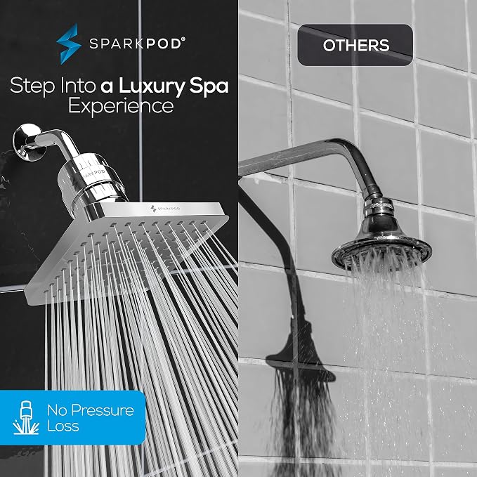 SparkPod Filtered Shower Head, 23-Stage, 8" Square, Polished Chrome | Showerhead for Hard Water, High Pressure, Reduces Chlorine, Heavy Metals, For Dry Skin & Hair, Removable Capsule Filter
