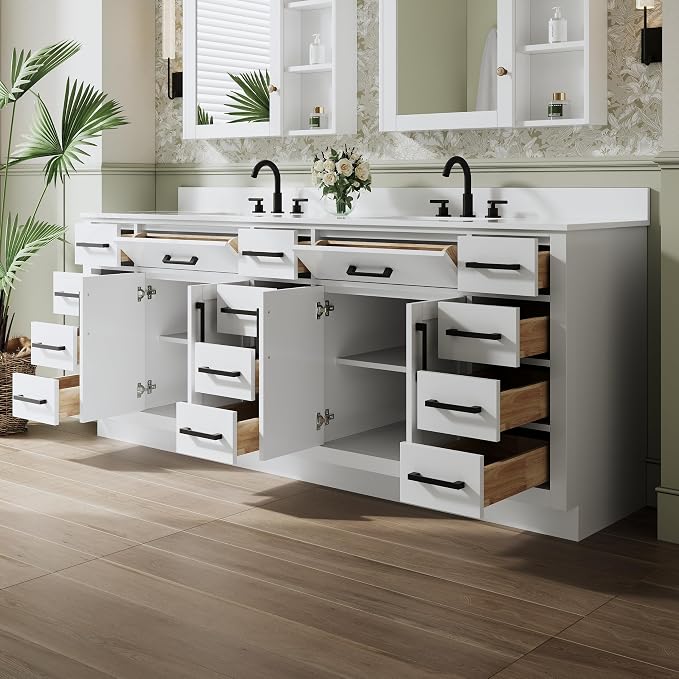 84-Inch Bathroom Vanity with Double Sinks W/ 4 Doors & 12 Drawers & 2 Flip Drawers, White Vanity W/Matte Black Handles