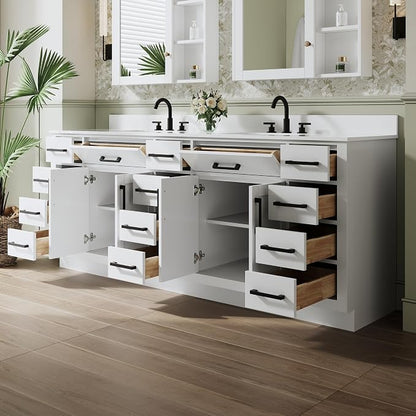 84-Inch Bathroom Vanity with Double Sinks W/ 4 Doors & 12 Drawers & 2 Flip Drawers, White Vanity W/Matte Black Handles