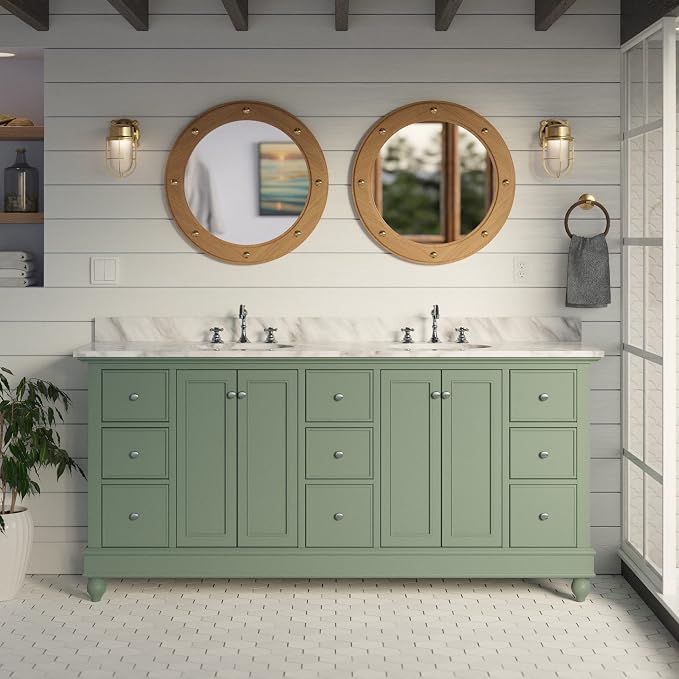 Bella 72-inch Double Bathroom Vanity (Carrara/Sage Green): Includes Sage Green Cabinet with Authentic Italian Carrara Marble Countertop and White Ceramic Sinks
